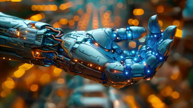 Modern high-tech medical cybernetic bionic hand prostheses, artificial substitutes for damaged or missing upper limbs