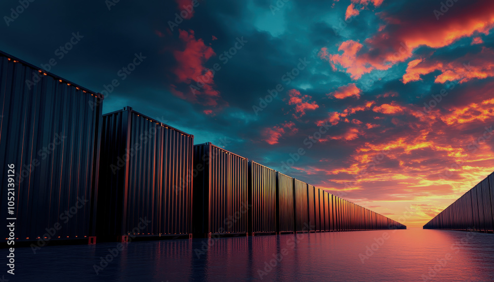 Poster A surreal landscape featuring towering structures contrasted against a vibrant sunset sky, reflected in calm waters.