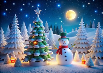 Snowy Winter Night with Christmas Tree and Snowman in White Paper Cut Art Style