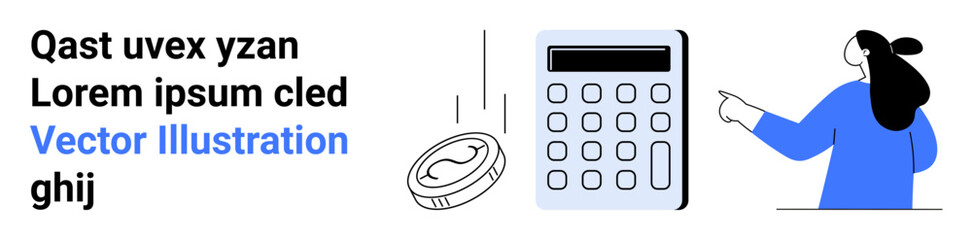 Woman pointing at a large calculator with a coin dropping next to it, Ideal for finance business accounting investment and education Banner for landing page