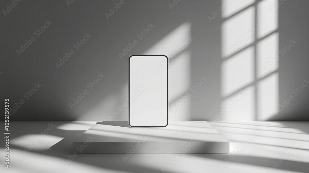 Poster a sleek smartphone is placed upright on a simple pedestal in a bright room. sunlight filters through