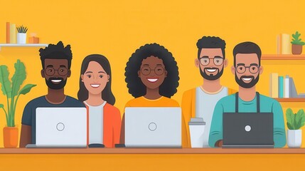 flat illustration showcasing a diverse team in a workplace, emphasizing unity and collaboration among individuals of different backgrounds, all smiling and engaged
