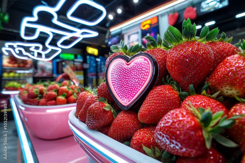 Poster strawberries displayed in a high-tech market stall with neon signs and holographic price tags, creat