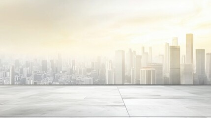 Empty marble floor features a panoramic view of a city skyline with skyscrapers against a foggy sky on a sunny day, creating an ideal backdrop for product presentations or showcases on a spacious conc