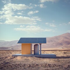 Solar Powered Water Purification Station in Arid Desert Landscape Providing Clean Water