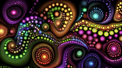 Vibrant Design Showcasing a Symphony of Colors in a Cosmic Arrangement of Spirals and Circles, Evoking a Sense of Wonder and Delight