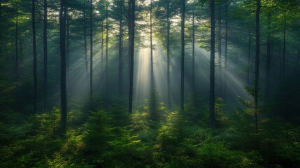 Obraz premium Sunbeams Illuminating a Misty Forest