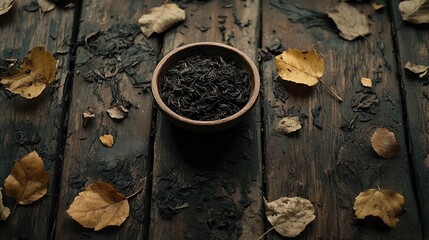 Loose black tea leaves in a small bowl, surrounded by scattered leaves on a wooden table, capturing their natural, earthy texture.
