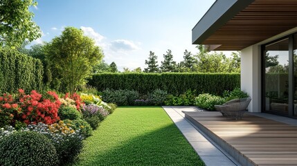 Fototapeta premium Modern house backyard outdoors garden wooden.
