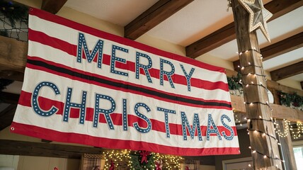 Rustic "Merry Christmas" Banner with Red and White Stripes