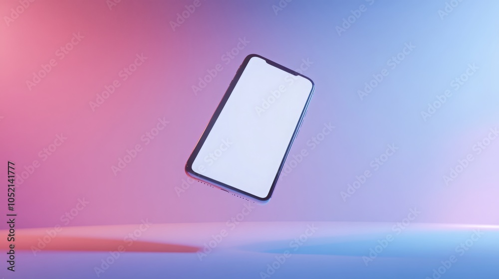 Aufkleber A smartphone appears to levitate in mid-air, showcasing a blank screen, set against a vivid gradient backdrop of pink and blue hues, creating a striking visual effect.