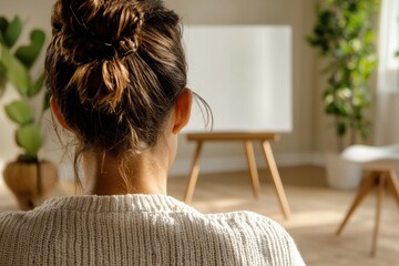 A therapy session viewed from behind a therapist, focusing on the client's expressive face, with a large blank space in the background for text. Designed for a mental health awareness campaign