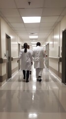 Hospital hallway with pastel green/white walls, glossy floor, white doors. Medical professionals in lab coats walk with medical equipment. Calm, bright atmosphere.