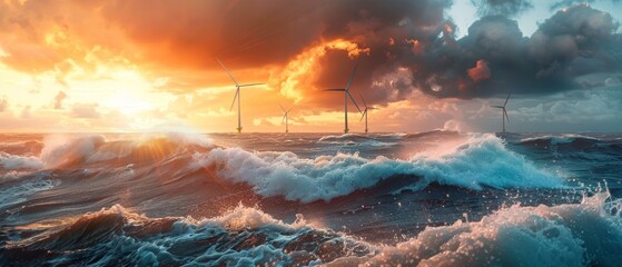 Image shows stormy ocean at sunset with 6 wind turbines, dark clouds, golden glow, and dramatic sky, creating a turbulent ambiance.