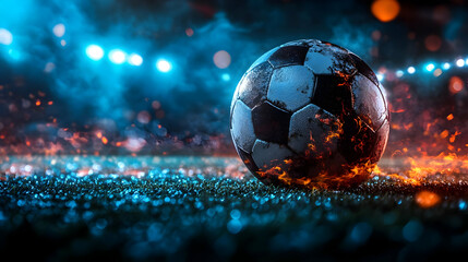 Naklejka premium Soccer Ball on Fire with Blue Lights Background