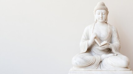 A serene white Buddha statue symbolizing peace and mindfulness, set against a minimalist background.
