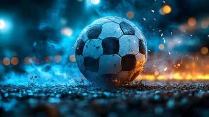Fototapeta premium Soccer Ball in Smoke and Sparks - Realistic Image