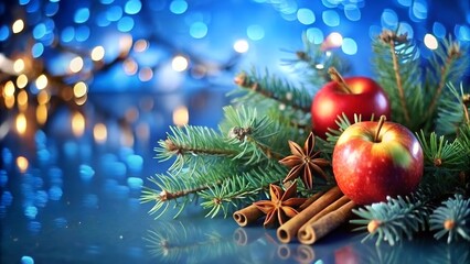 Obraz premium Christmas decorations on blue background. Seasonal winter template for design.