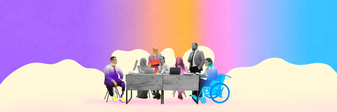Team meeting with diverse members, including individuals in wheelchairs, on gradient background. Teamwork, inclusion, and collaboration. Concept of business, DEI, equality. Copy space to insert text