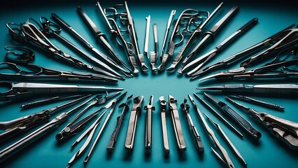 A Collection of Various Surgical Instruments Arranged in a Circular Pattern on a Vibrant Blue Background