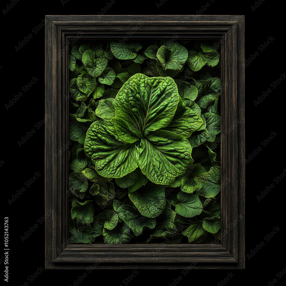 Poster a framed close-up of vibrant green leaves, showcasing intricate textures and patterns, surrounded by