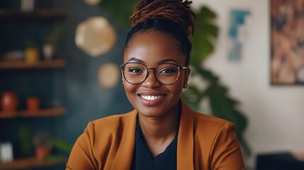 Naklejka premium Confident Woman Smiling in Cozy Workspace