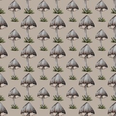 Pattern featuring grey mushrooms with green grass on a light background in a detailed design