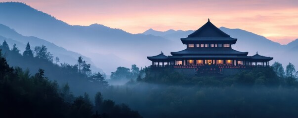 Obraz premium A serene mountain landscape featuring an elegant structure silhouetted against a vibrant sunset, enveloped in mist.