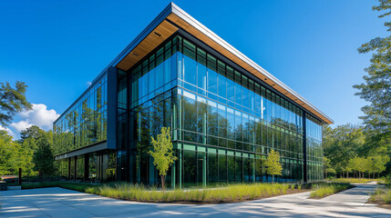 Obraz premium A sleek modern office building with large glass windows with green leaves. sustainable urban environment, energy-efficient, eco-friendly, reduce CO2 concept. 