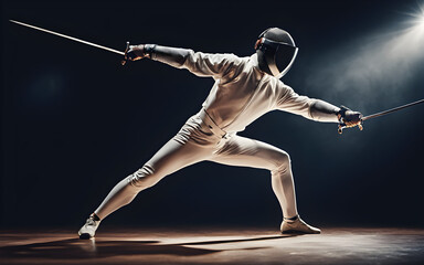 Male fencer in action, lunging with sword