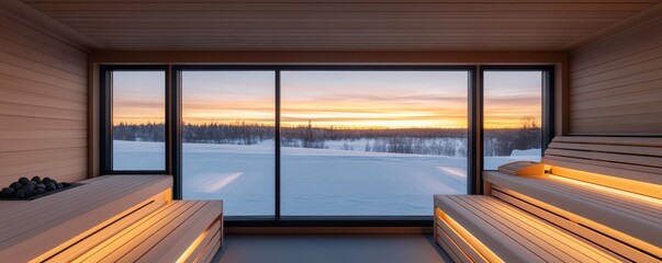 Fototapeta premium A serene sauna interior with panoramic views of a winter sunset, offering a relaxing atmosphere and warm ambient lighting.