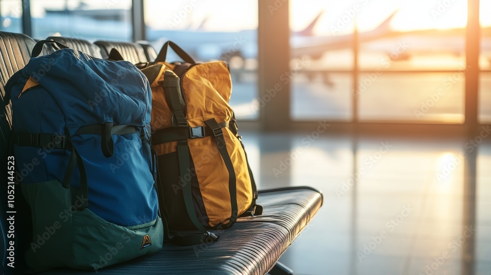 Poster two backpacks are sitting on chairs in an airport terminal waiting area with airplanes and sunset vi