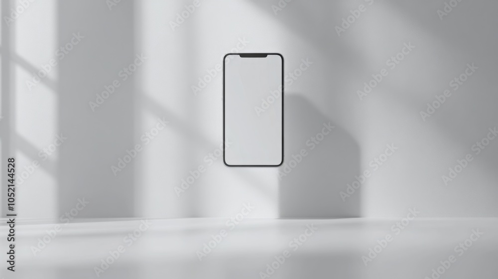 Poster A sleek smartphone hovers in a minimalistic interior, surrounded by natural light. The soft shadows on the floor create an intriguing contrast with the phone's blank screen.
