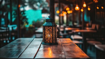 Ornate metallic lantern glowing softly in a dimly lit caf, highlighting vintage dcor and wooden tables in a nostalgic ambiance.