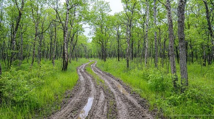 Obraz premium A winding dirt path meanders through a lush green forest, surrounded by vibrant foliage and tall trees, creating a tranquil nature scene.