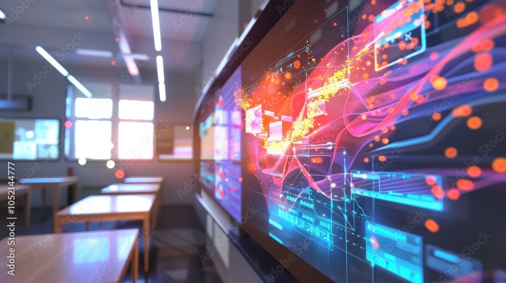 Poster futuristic interactive screen displaying complex data analysis and visualizations in an empty classr