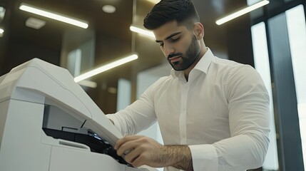 Professional man adjusting settings on a photocopier in a contemporary office, concentrating on quality results.