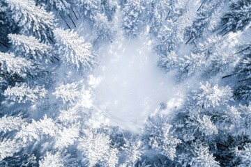 Aerial view of a snow-covered forest in winter trees nature aerial.