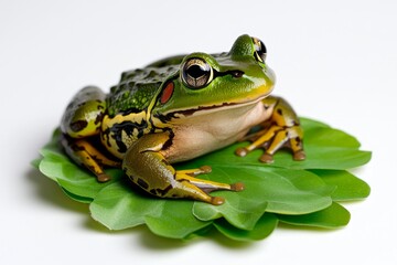 Fototapeta premium a 2D cartoon illustration of a frog sitting on a lily pad pond theme white background