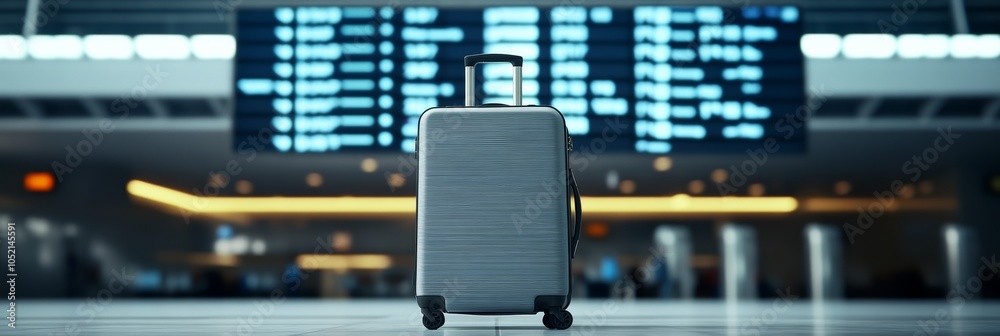 Poster lone suitcase stands in the middle of a busy airport terminal, its owner likely checking the departu