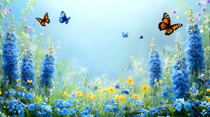 Fototapeta premium Summer Flower Meadow With Blue And Yellow Flowers, Butterflies And Sky Illustration