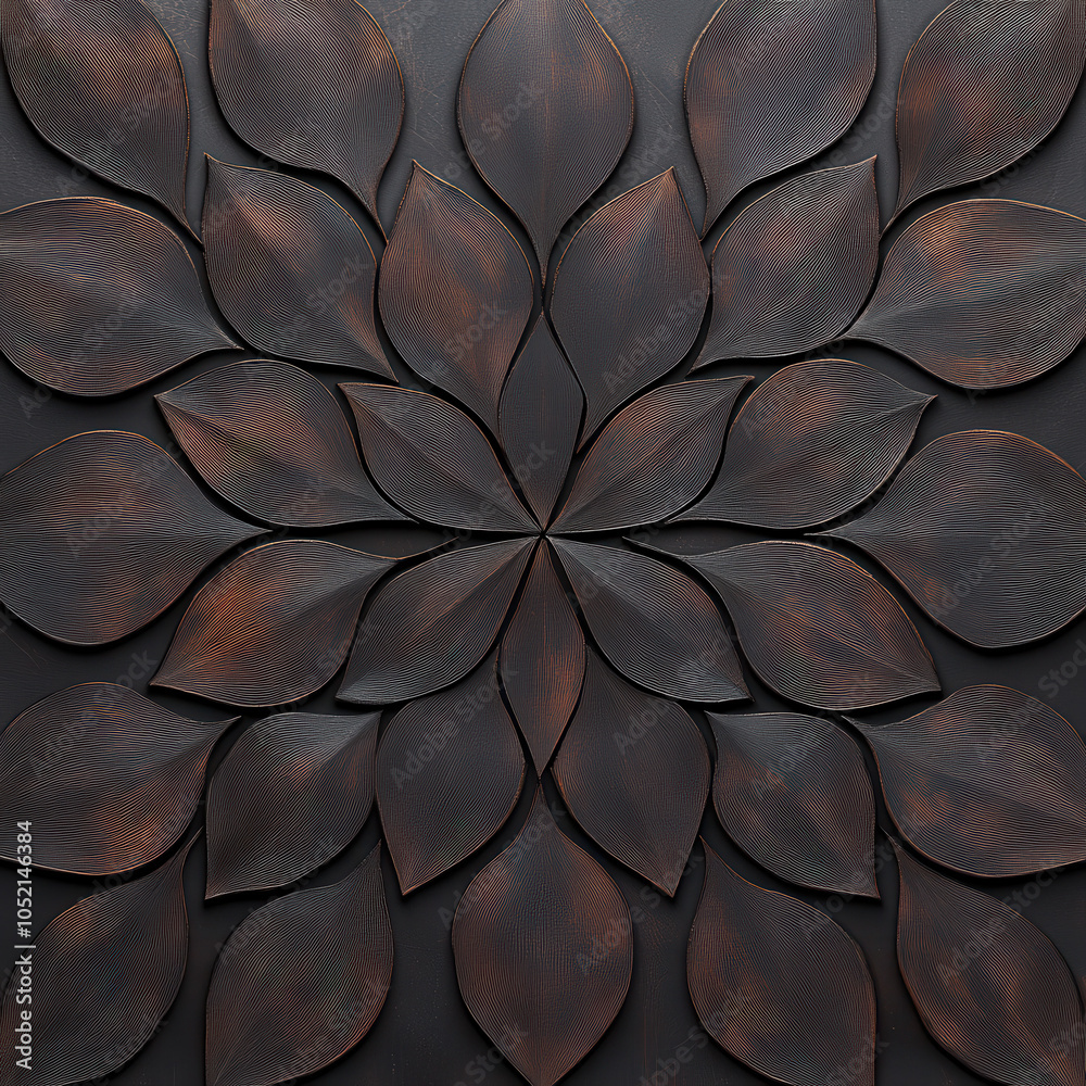 Poster a textured wall art piece featuring a symmetrical design made of layered leaf shapes in dark hues, c