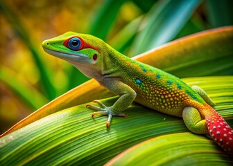 Fototapeta premium Stunning Gold Dust Day Gecko on Bromeliad Leaf in Nature Photography