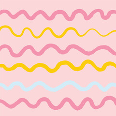 Naive squiggle pattern with bright green, yellow, pink and blue wavy lines on a light background. Creative abstract squiggle style drawing background