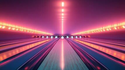 A vibrant bowling alley with glowing lights, featuring colorful lanes that create an energetic and inviting atmosphere for fun.