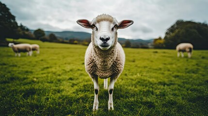 Obraz premium Single sheep in a vibrant green meadow, with distant mountains under a soft, cloudy sky, creating a peaceful, open landscape.