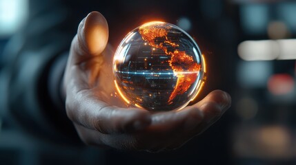 Fototapeta premium hand holds glowing digital globe, symbolizing global connectivity and futuristic technology. vibrant orange and blue hues highlight continents, emphasizing innovation and progress