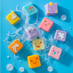 Colorful Square Soap Bars with Happy Faces in Foamy Water