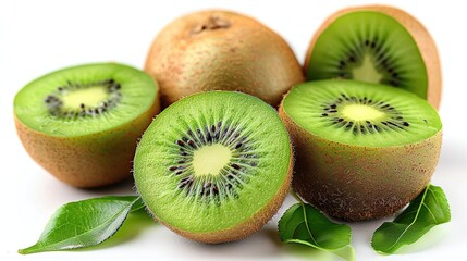 Fototapeta premium Close-up of fresh green kiwi fruits with leaves on a white background.