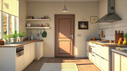A cozy kitchen bathed in warm sunlight with heart decorations on the door in a charming home setting